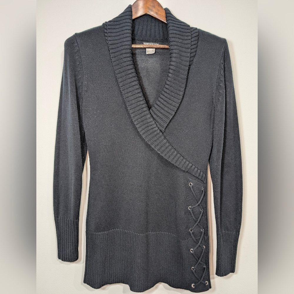 VENUS Surplice Black Lace Up Side V Deep Neck Asymmetrical Sweater Women's L